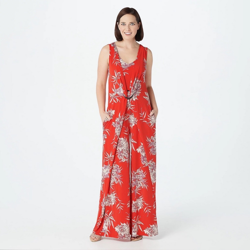 G.I.L.I. Regular Jettsetter Knit Jumpsuit Red Floral Women's Size MEDIUM Petite